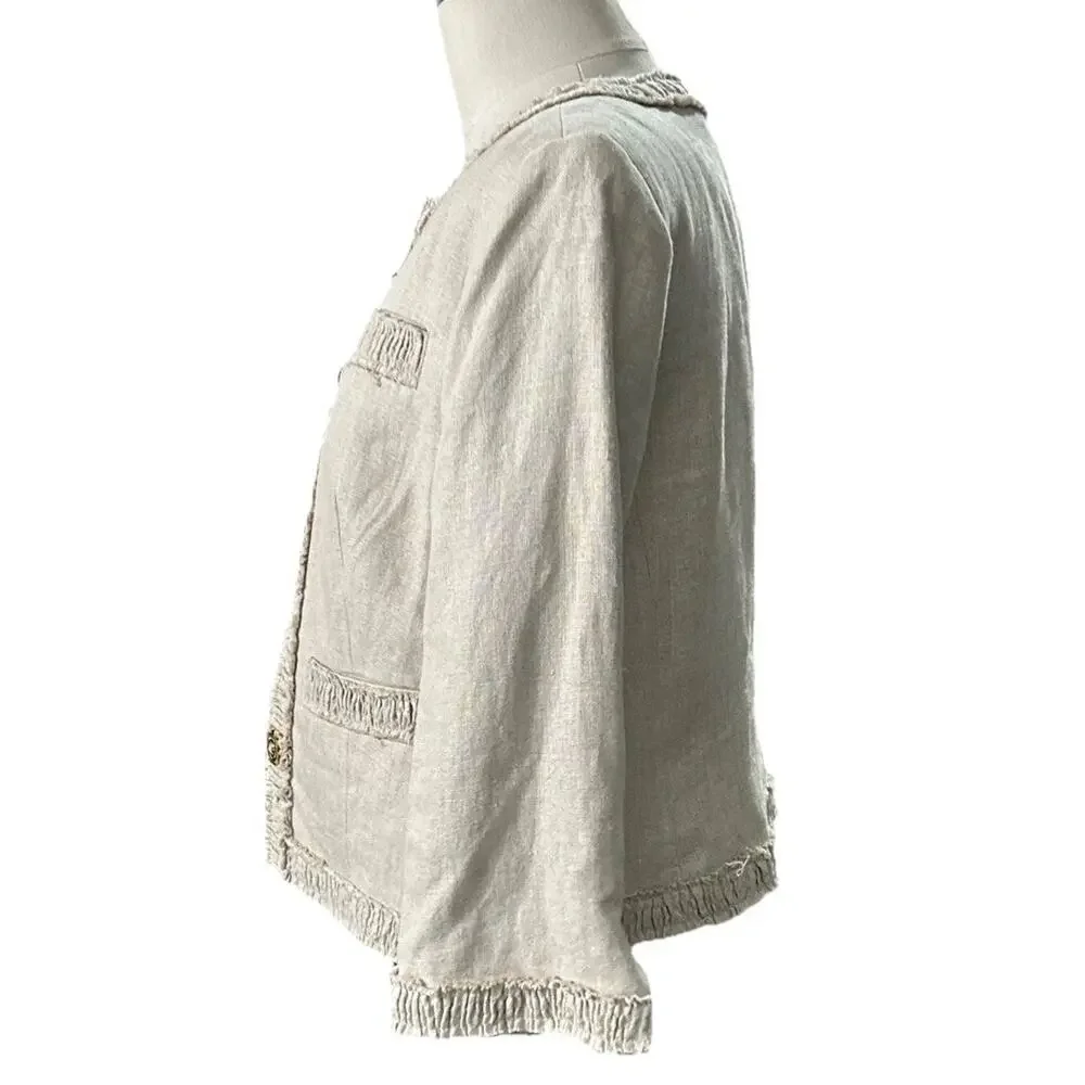 Michael Kors Linen Peplum Cropped Blazer Jacket Beige Gold Buttons Women's sz 6P